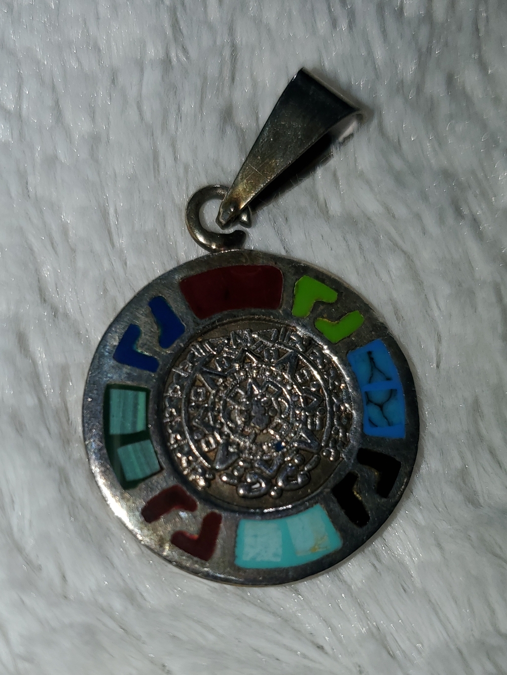 Sterling Silver MEXICO Multicolor Inlay Round Pendant - Women Jewelry